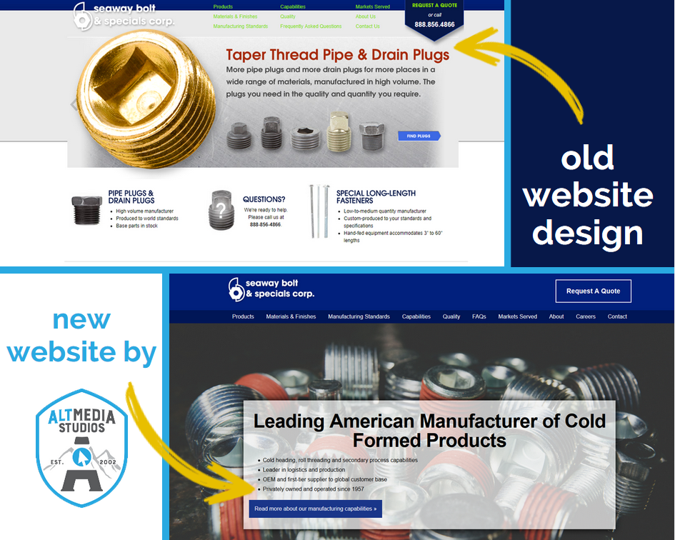 Before and After images of Seway Bolt's custom website by Alt Media Studios