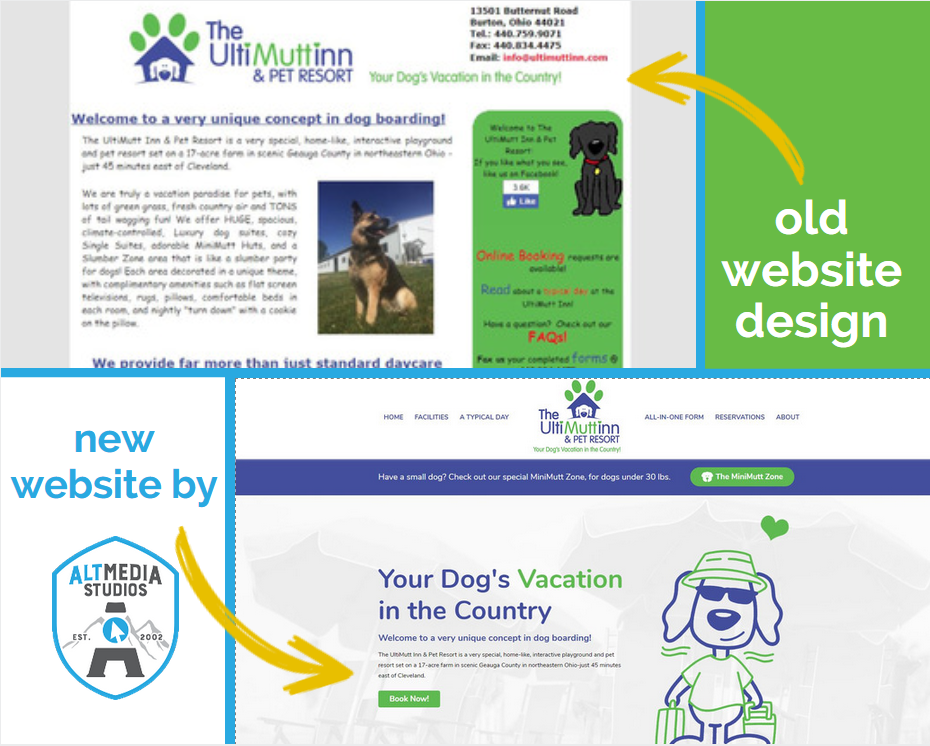 Before and After pictures of the custom website for Ultimutt Inn and Pet Resort, built by Alt Media Studios